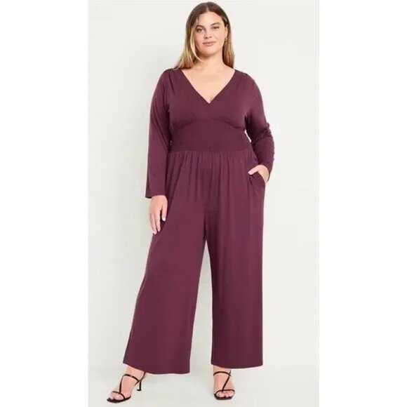 NEW OLD NAVY jumpsuit v neck wide leg knit waist defined cherry bark plus XXL - Picture 1 of 14